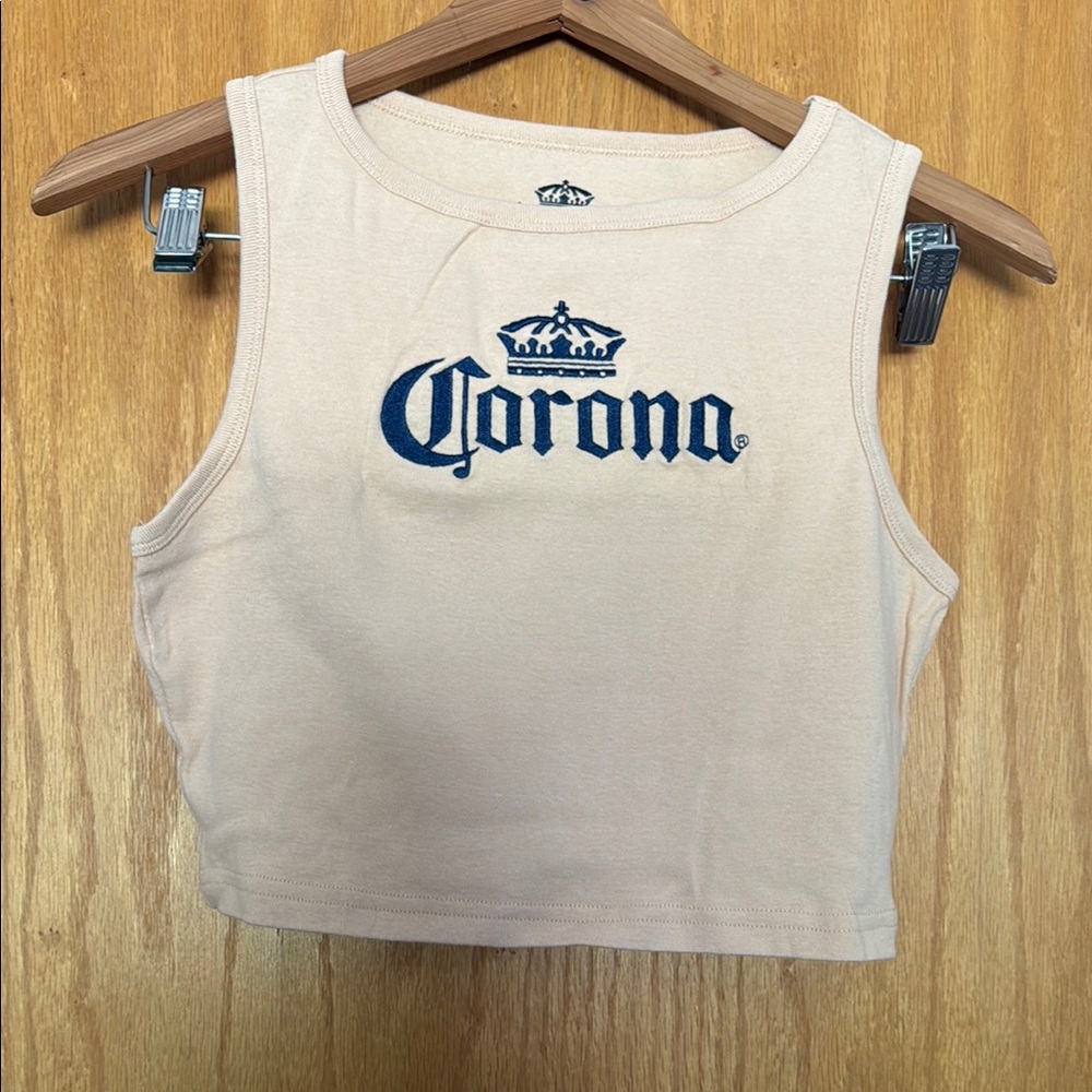 Corona Cream Crop Tank with Navy Logo